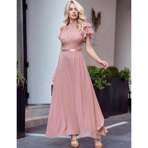 Womens Dusty Pink Floral Lace Butterfly Sleeve High Neck Maxi Formal Dress Small - Picture 2 of 16